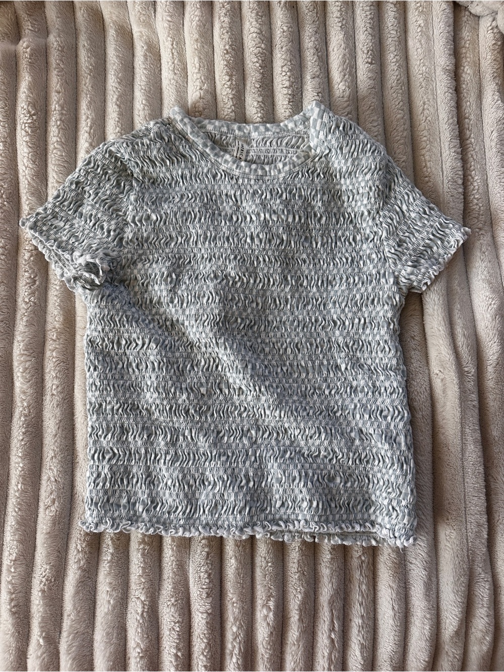 American Eagle Baby Blue Checker Smocked Short Sleeve Top